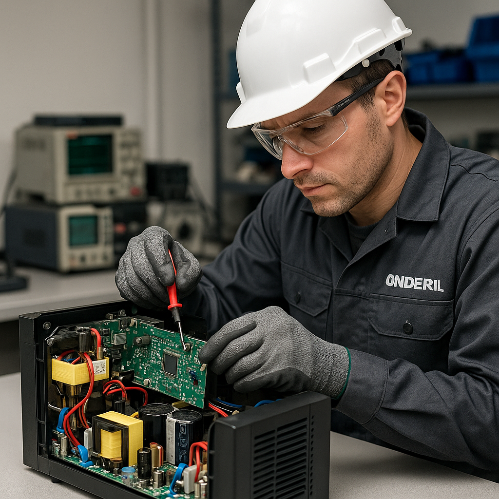 Técnico realizando mantenimiento correctivo de UPS industrial