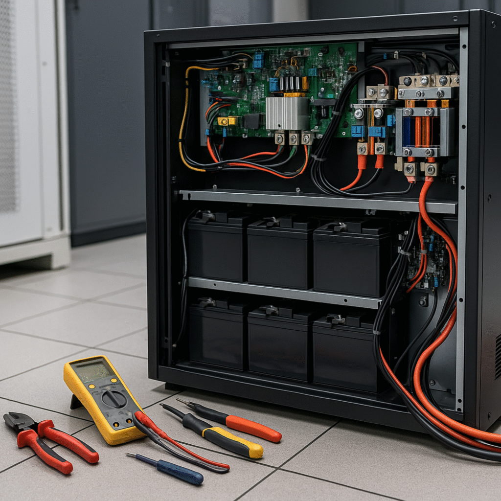 Técnico realizando mantenimiento preventivo de UPS