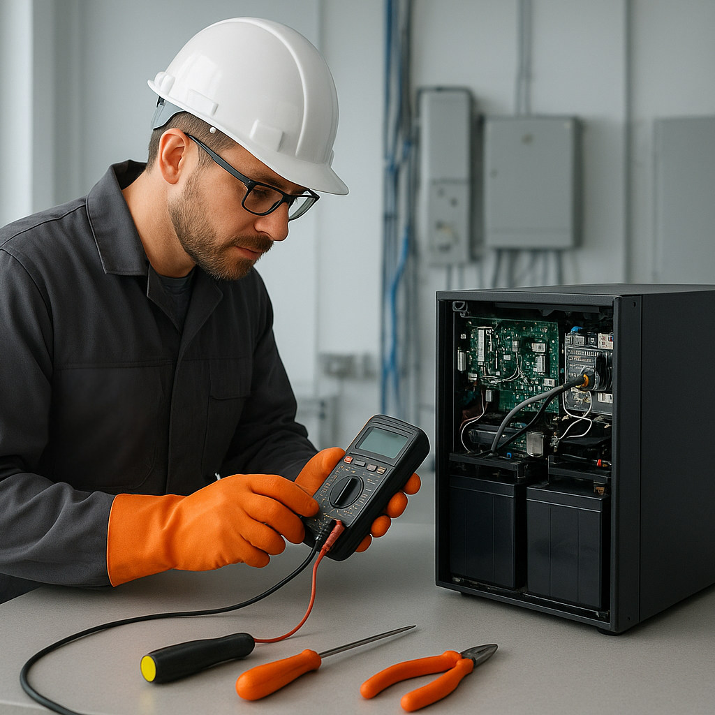 Técnico realizando mantenimiento correctivo de UPS 